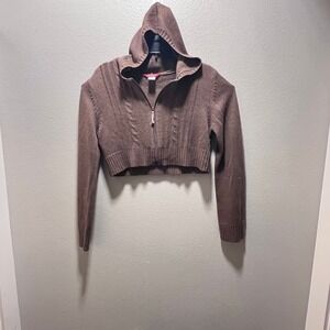 Unionbay Brown Cropped Cable Knit Zip Up Hoodie Womens Extra Large XL Y2K